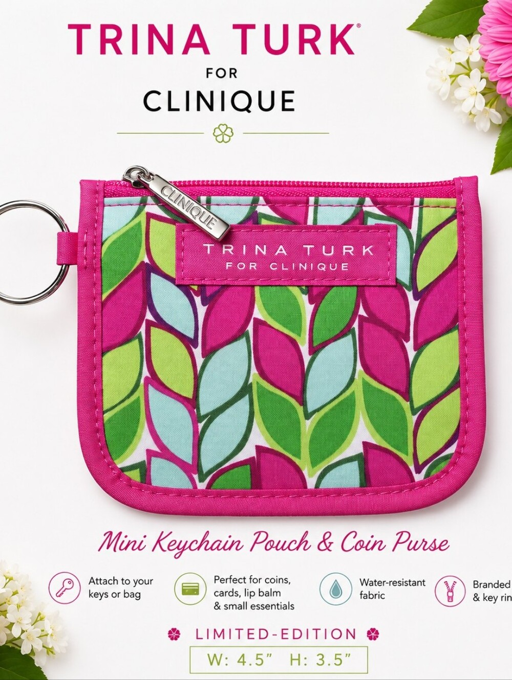 Trina Turk for Clinique Mini Keychain Pouch Coin Purse Pink Green Leaf Print NWO